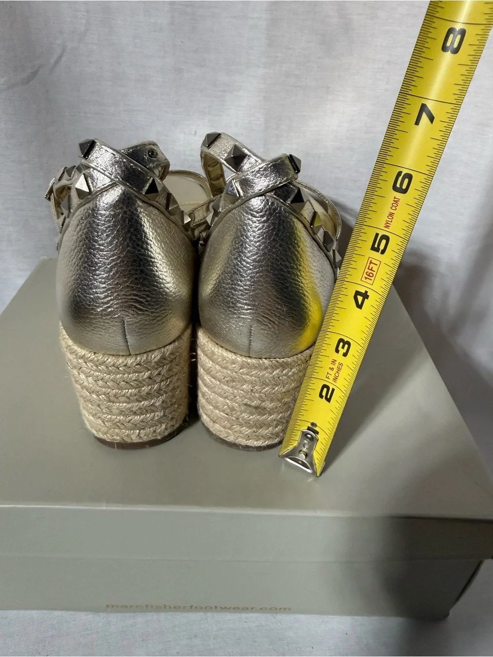 Marc Fisher Metallic Gold Espadrille Wedge Sandals with Studded Ankle Straps 9.5